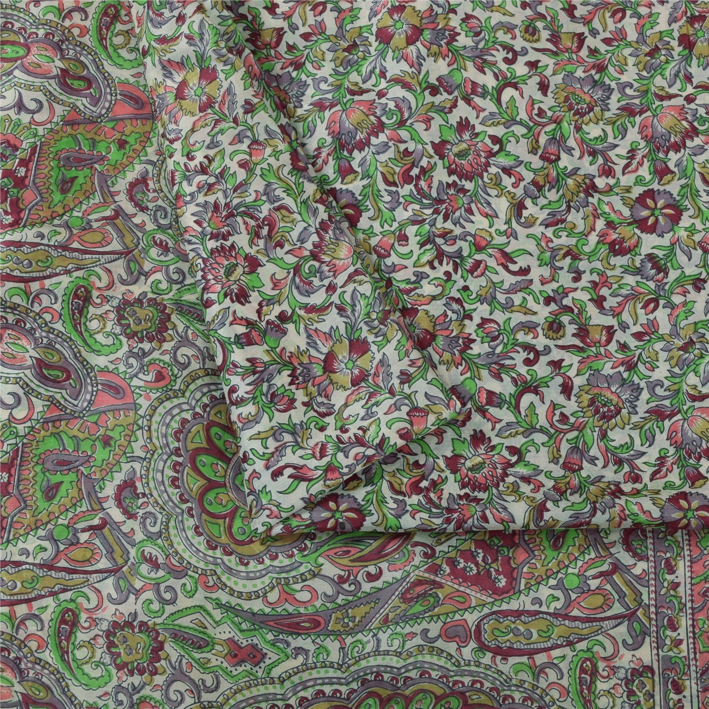 Sanskriti Vintage Sarees Ivory 100% Pure Silk Printed Sari 6yd Craft Fabric