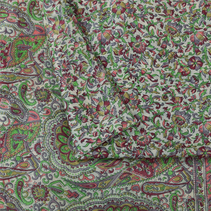 Sanskriti Vintage Sarees Ivory 100% Pure Silk Printed Sari 6yd Craft Fabric
