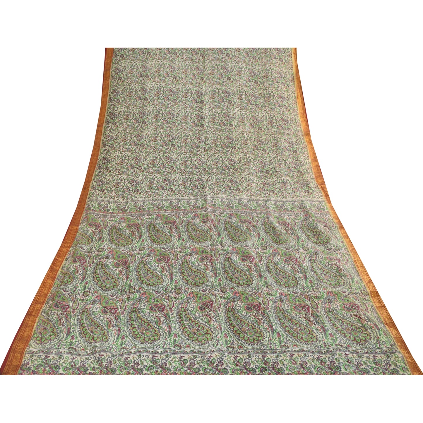 Sanskriti Vintage Sarees Ivory 100% Pure Silk Printed Sari 6yd Craft Fabric