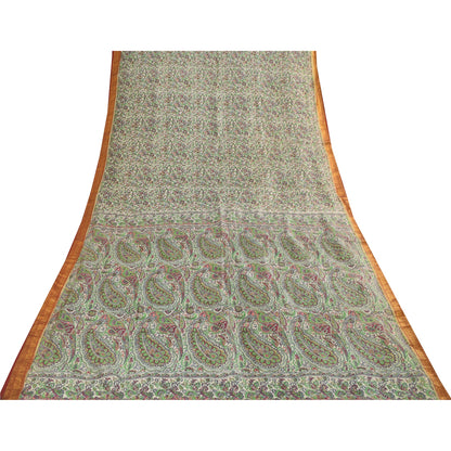 Sanskriti Vintage Sarees Ivory 100% Pure Silk Printed Sari 6yd Craft Fabric