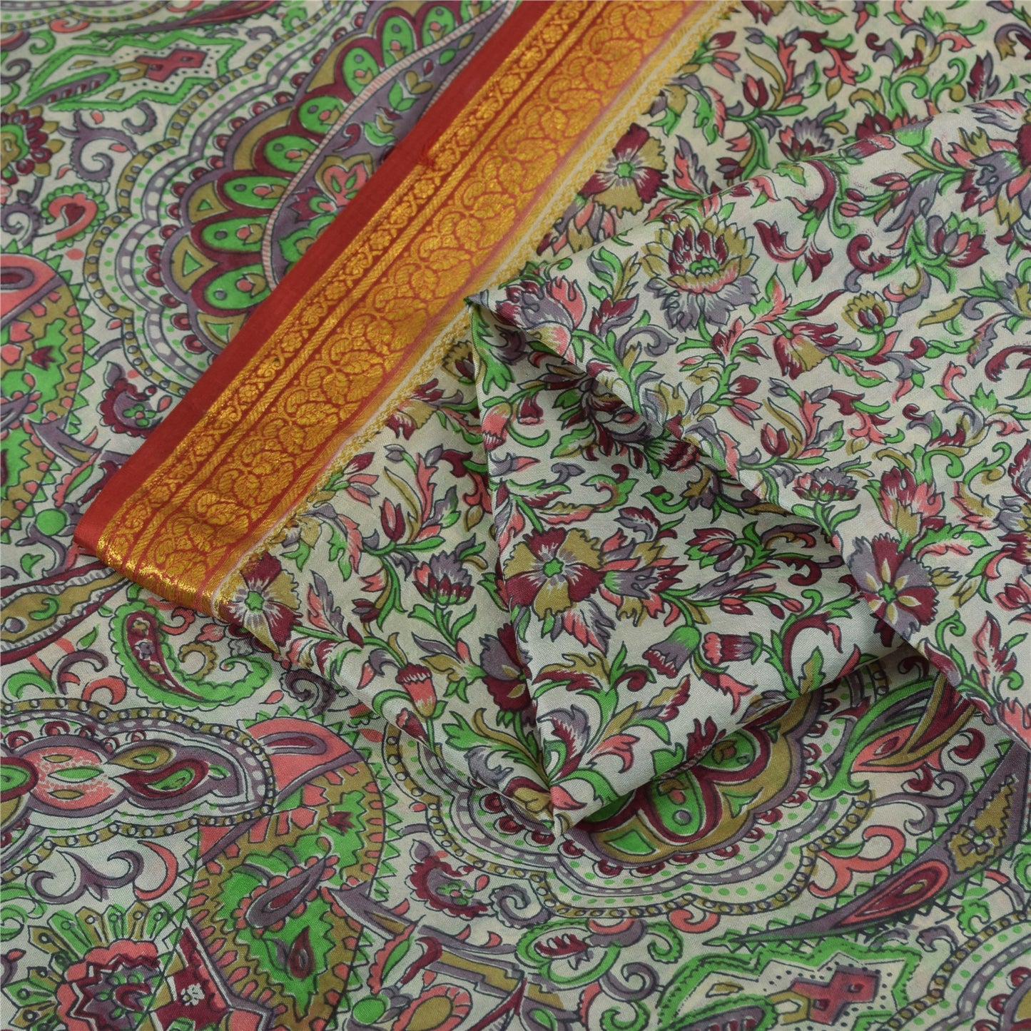 Sanskriti Vintage Sarees Ivory 100% Pure Silk Printed Sari 6yd Craft Fabric