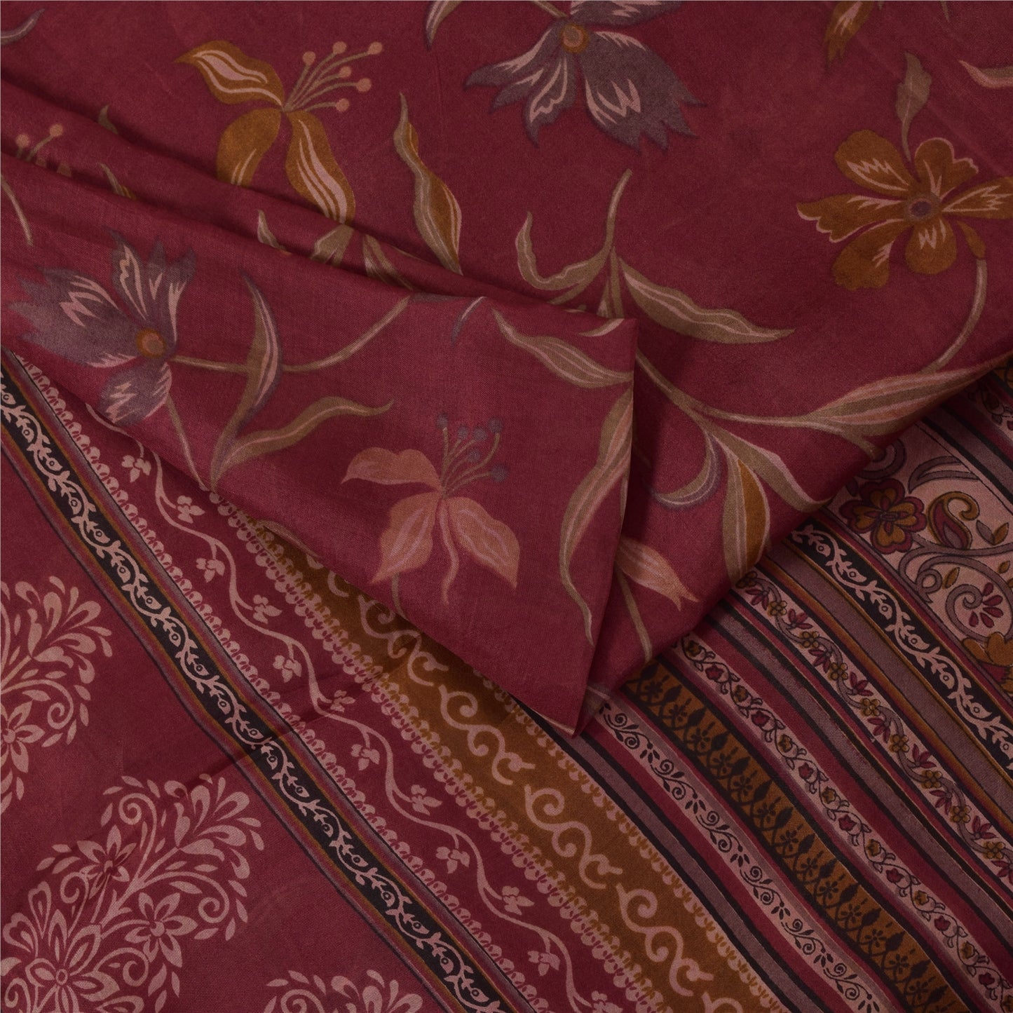 Sanskriti Vintage Sarees Red Indian Pure Silk Printed Sari 5+yd Craft Fabric