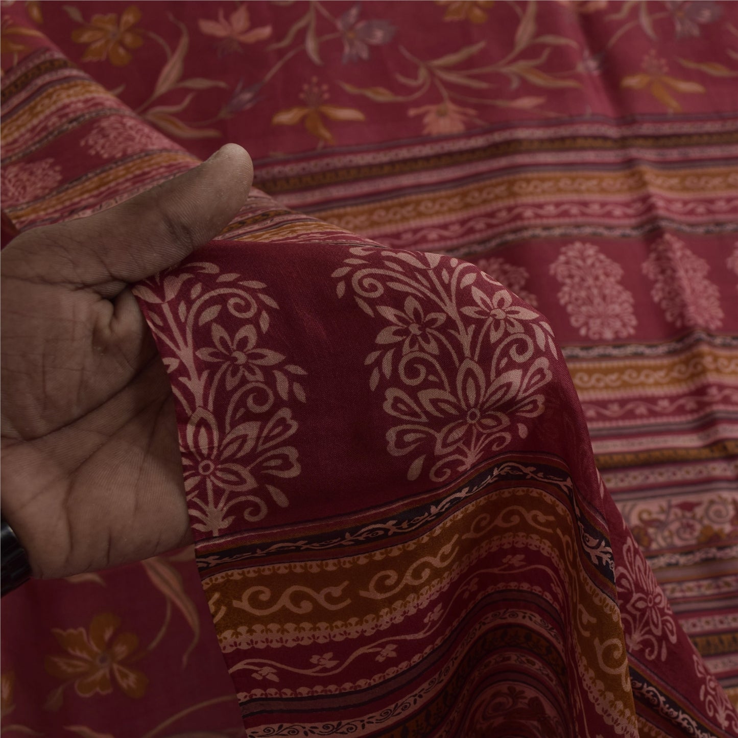 Sanskriti Vintage Sarees Red Indian Pure Silk Printed Sari 5+yd Craft Fabric