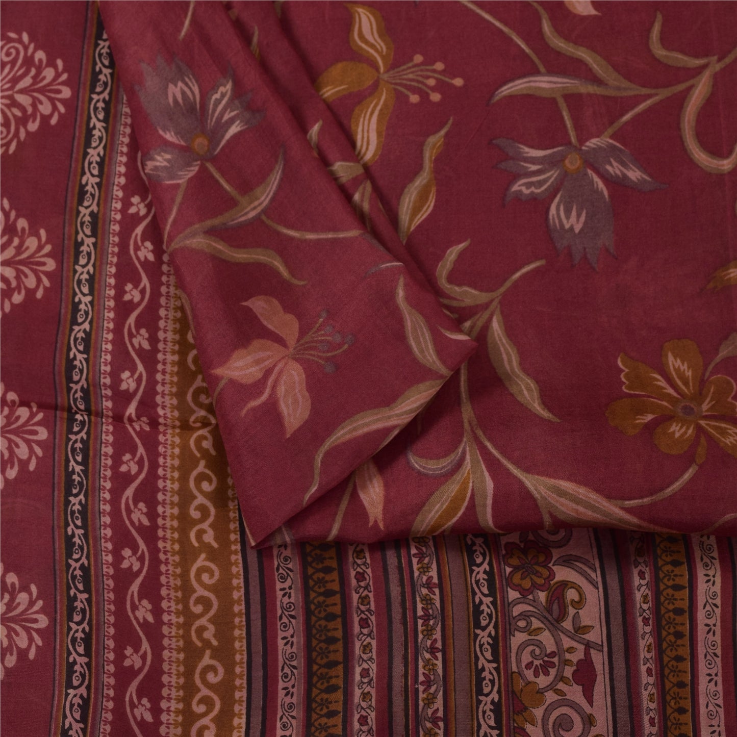 Sanskriti Vintage Sarees Red Indian Pure Silk Printed Sari 5+yd Craft Fabric