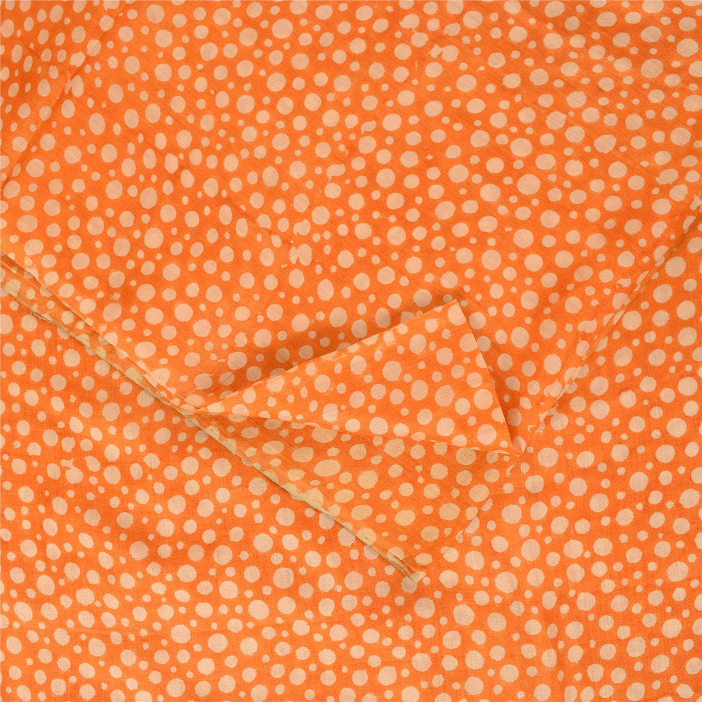 Sanskriti Vintage Sarees Orange Polka Dot Pure Silk Print Sari 5yd Craft Fabric