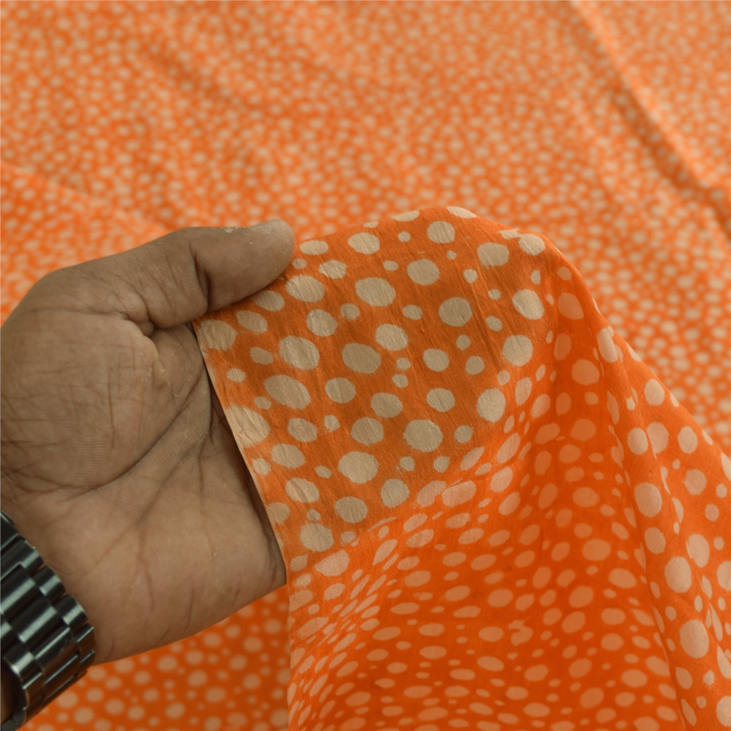 Sanskriti Vintage Sarees Orange Polka Dot Pure Silk Print Sari 5yd Craft Fabric