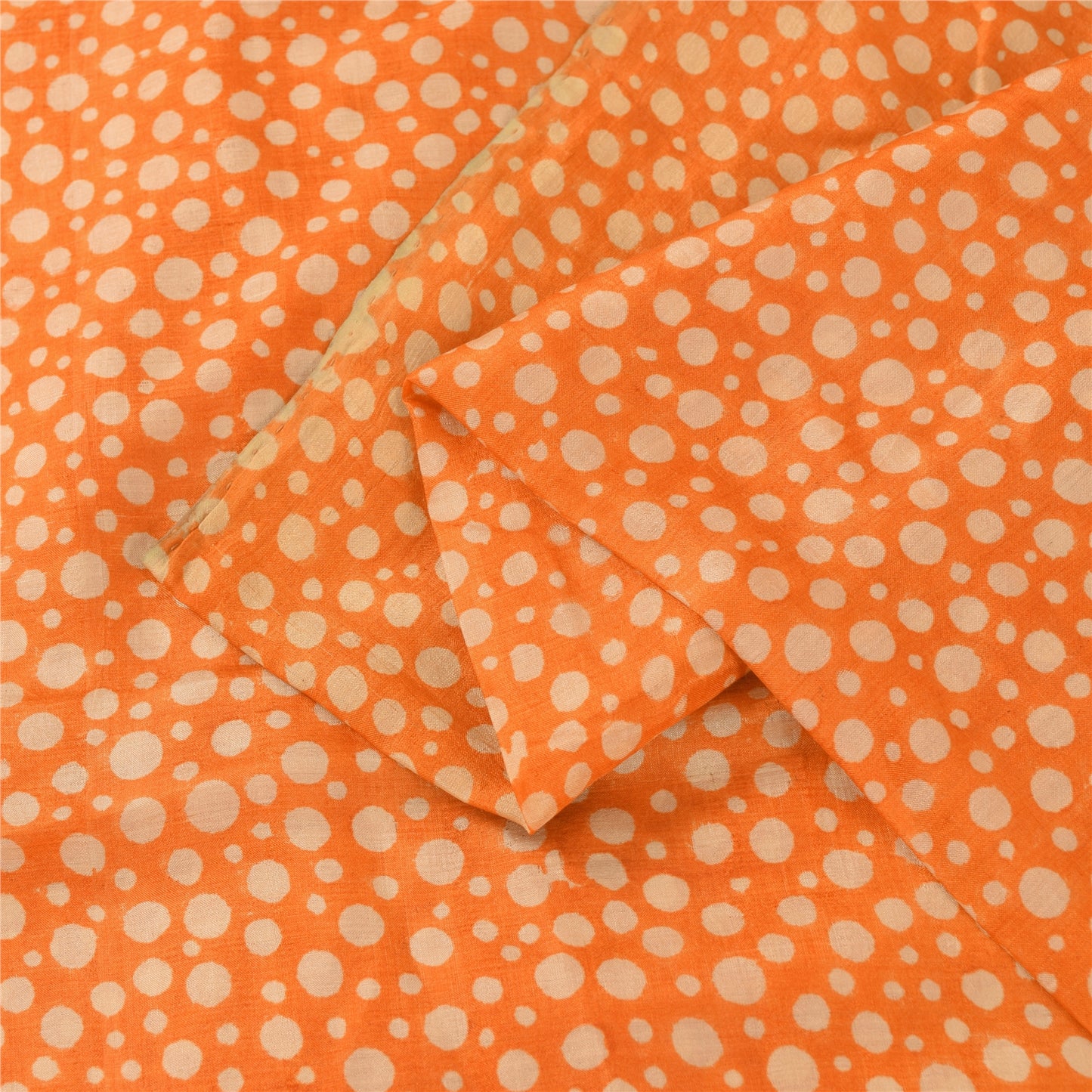 Sanskriti Vintage Sarees Orange Polka Dot Pure Silk Print Sari 5yd Craft Fabric