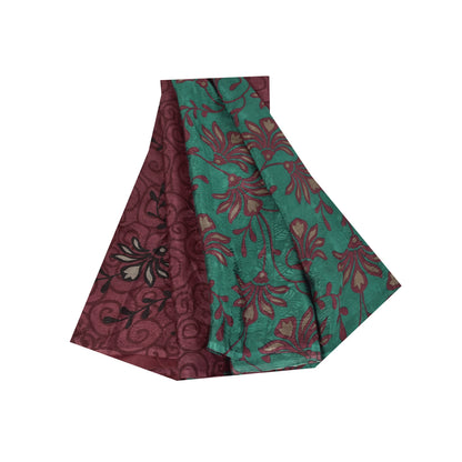 Sanskriti Vintage Sarees Green & Purple Pure Silk Printed Sari 5+yd Craft Fabric