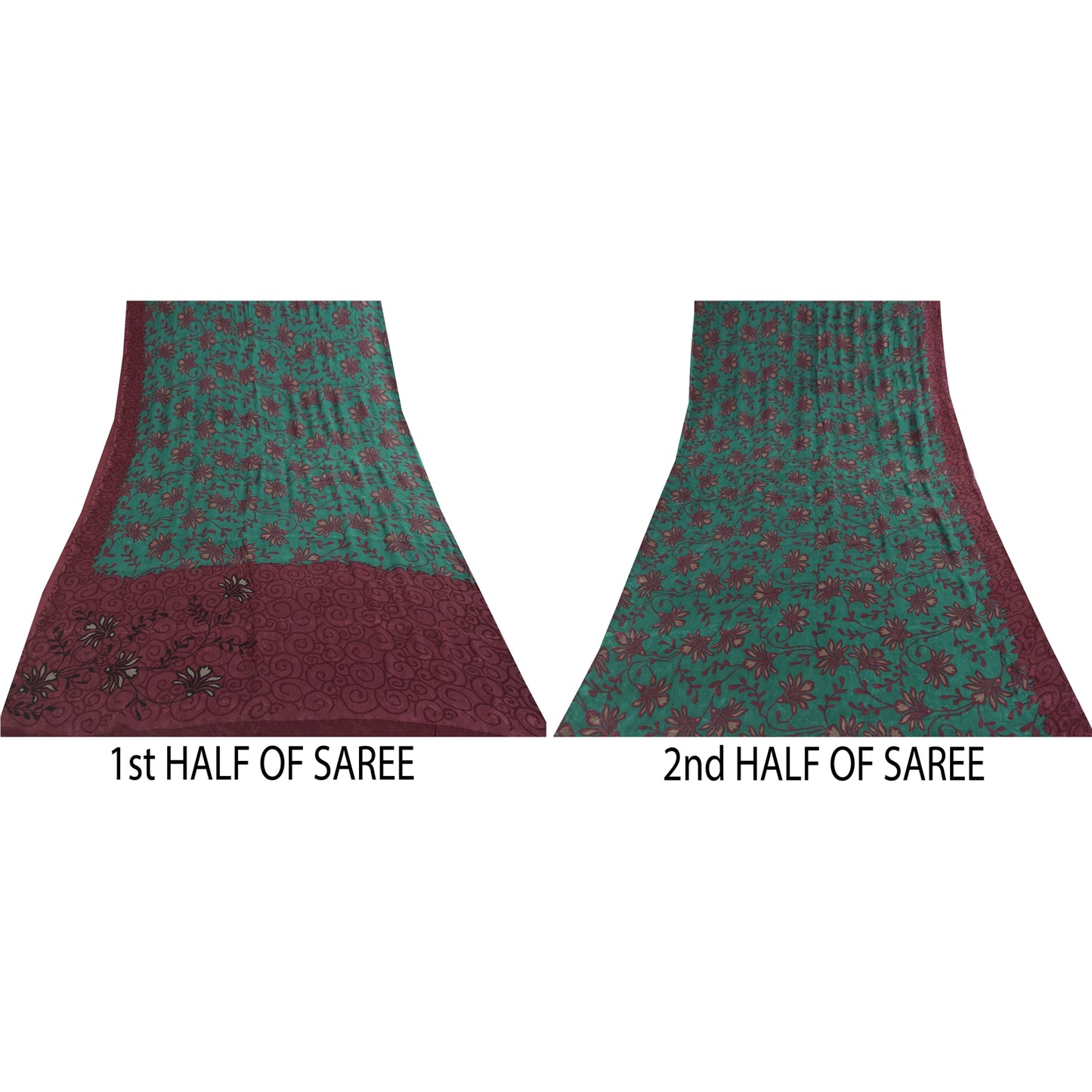 Sanskriti Vintage Sarees Green & Purple Pure Silk Printed Sari 5+yd Craft Fabric
