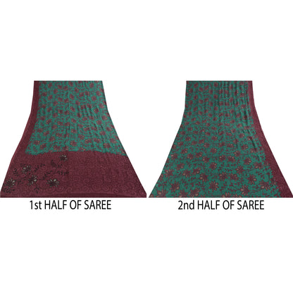 Sanskriti Vintage Sarees Green & Purple Pure Silk Printed Sari 5+yd Craft Fabric