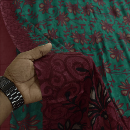 Sanskriti Vintage Sarees Green & Purple Pure Silk Printed Sari 5+yd Craft Fabric