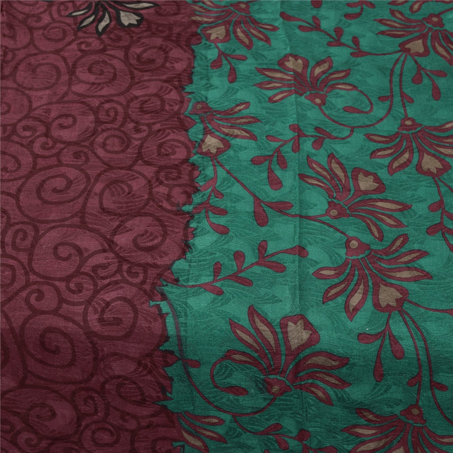Sanskriti Vintage Sarees Green & Purple Pure Silk Printed Sari 5+yd Craft Fabric