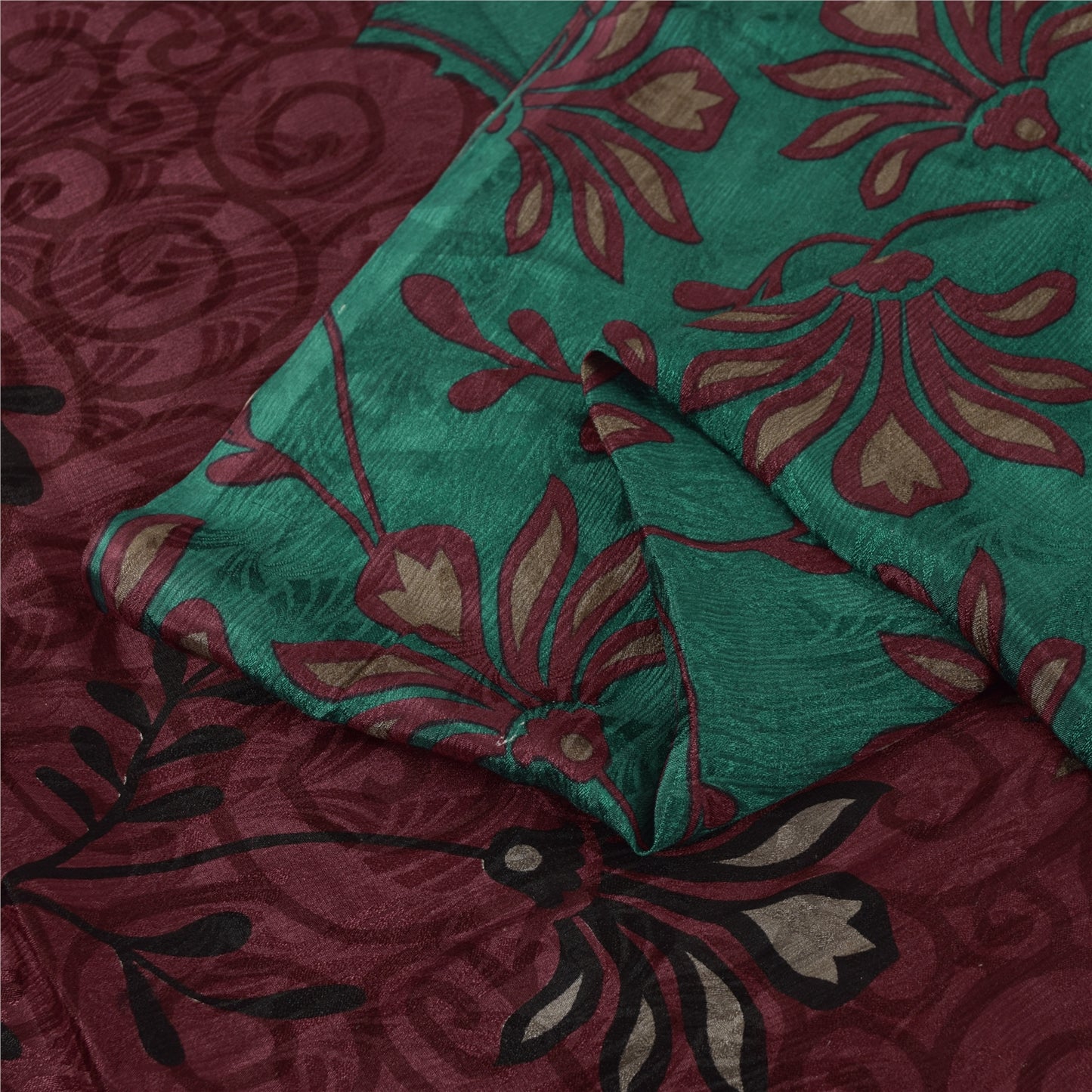 Sanskriti Vintage Sarees Green & Purple Pure Silk Printed Sari 5+yd Craft Fabric