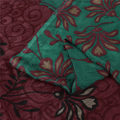 Sanskriti Vintage Sarees Green & Purple Pure Silk Printed Sari 5+yd Craft Fabric