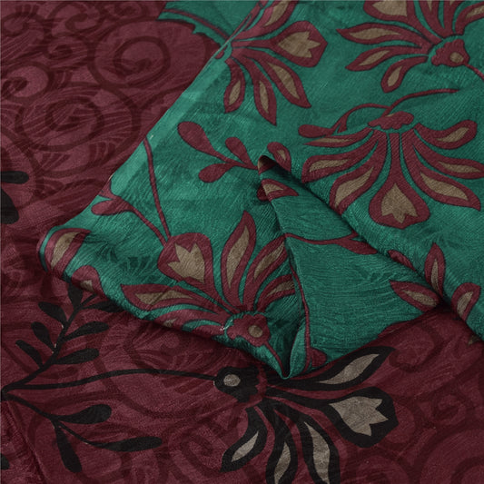 Sanskriti Vintage Sarees Green & Purple Pure Silk Printed Sari 5+yd Craft Fabric