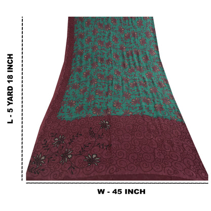 Sanskriti Vintage Sarees Green & Purple Pure Silk Printed Sari 5+yd Craft Fabric