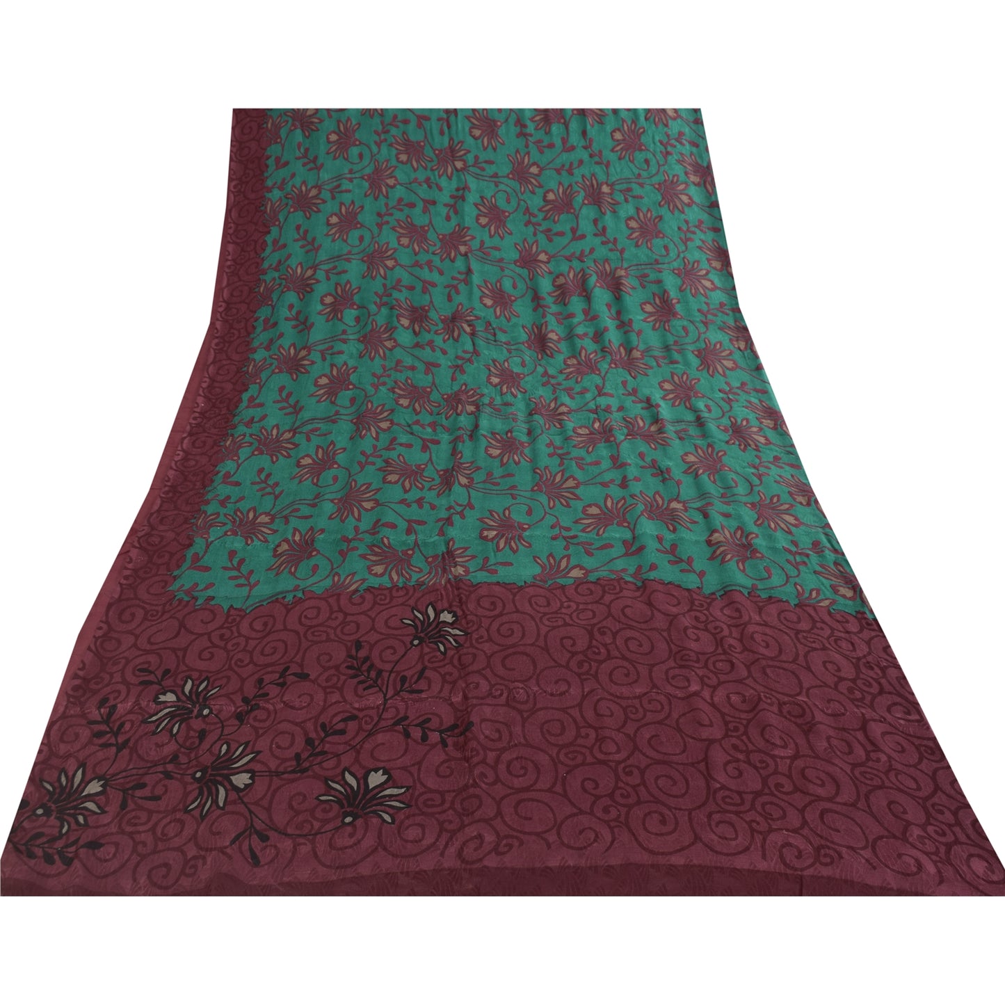 Sanskriti Vintage Sarees Green & Purple Pure Silk Printed Sari 5+yd Craft Fabric
