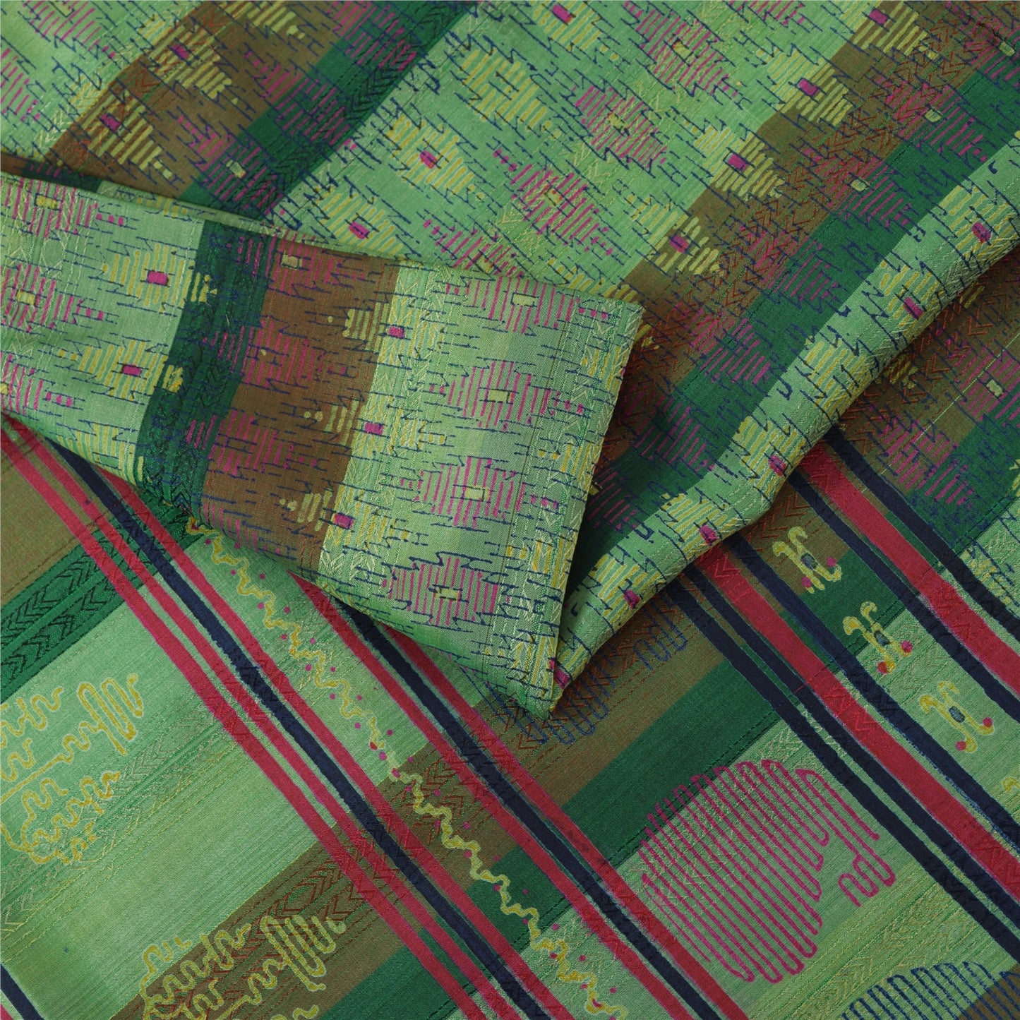 Sanskriti Vintage Sarees Green Pure Silk Block Printed & Woven Sari 5+yd Fabric