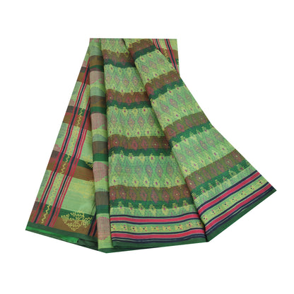 Sanskriti Vintage Sarees Green Pure Silk Block Printed & Woven Sari 5+yd Fabric