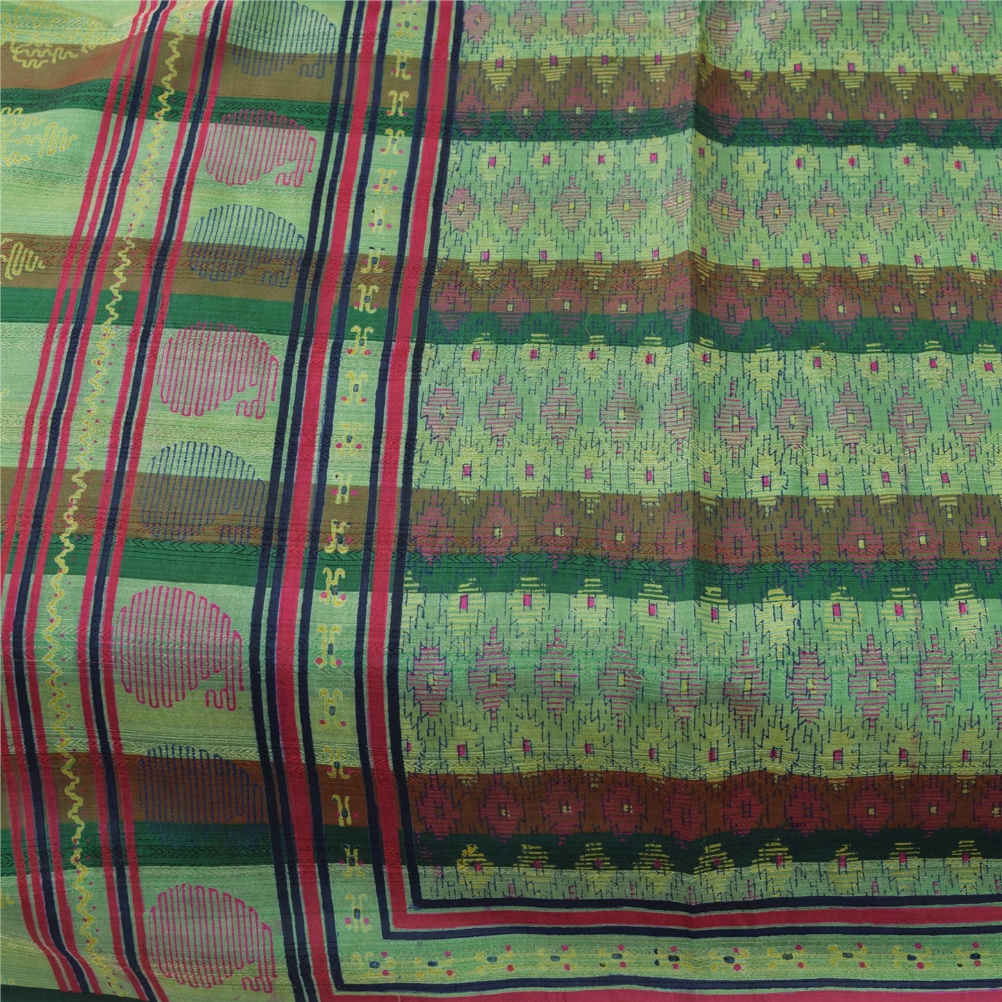 Sanskriti Vintage Sarees Green Pure Silk Block Printed & Woven Sari 5+yd Fabric
