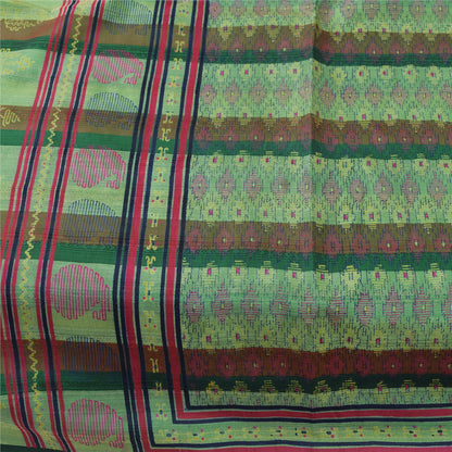 Sanskriti Vintage Sarees Green Pure Silk Block Printed & Woven Sari 5+yd Fabric