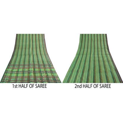Sanskriti Vintage Sarees Green Pure Silk Block Printed & Woven Sari 5+yd Fabric