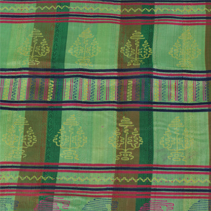 Sanskriti Vintage Sarees Green Pure Silk Block Printed & Woven Sari 5+yd Fabric