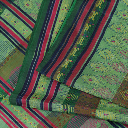 Sanskriti Vintage Sarees Green Pure Silk Block Printed & Woven Sari 5+yd Fabric