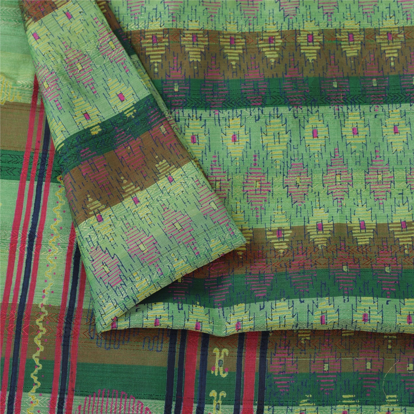 Sanskriti Vintage Sarees Green Pure Silk Block Printed & Woven Sari 5+yd Fabric
