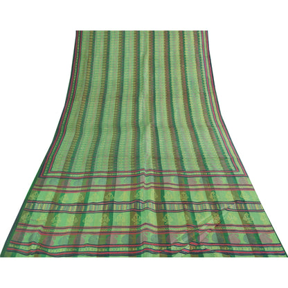 Sanskriti Vintage Sarees Green Pure Silk Block Printed & Woven Sari 5+yd Fabric