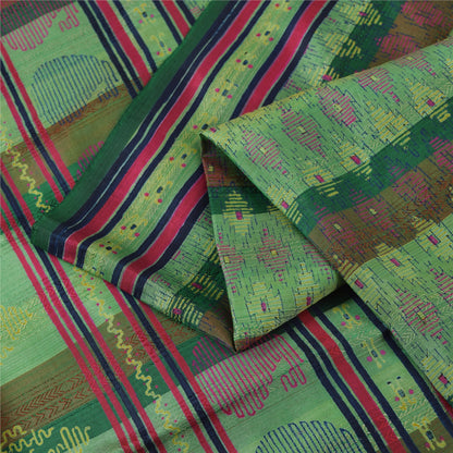 Sanskriti Vintage Sarees Green Pure Silk Block Printed & Woven Sari 5+yd Fabric