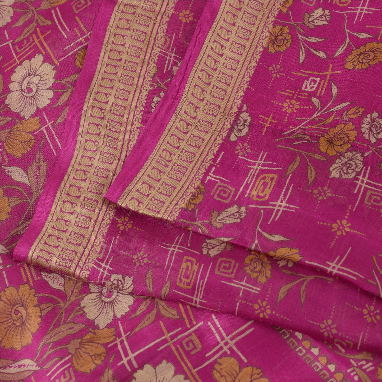 Sanskriti Vintage Sarees Purple 100% Pure Silk Printed Sari 5+yd Craft Fabric