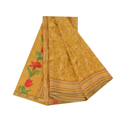 Sanskriti Vintage Sarees Green Zari Border Pure Silk Printed Sari 5+yd Fabric