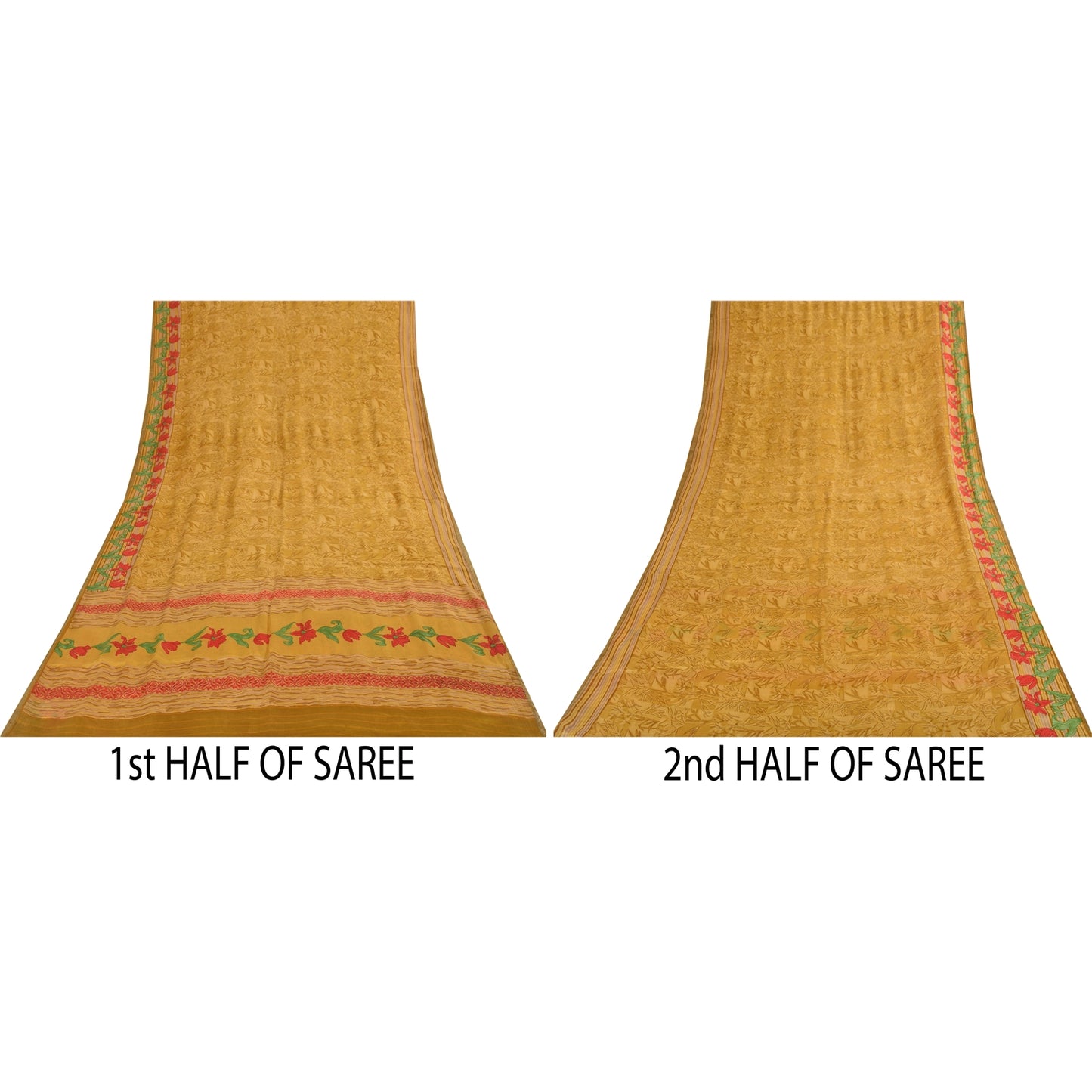 Sanskriti Vintage Sarees Green Zari Border Pure Silk Printed Sari 5+yd Fabric