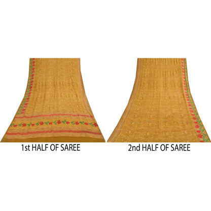 Sanskriti Vintage Sarees Green Zari Border Pure Silk Printed Sari 5+yd Fabric