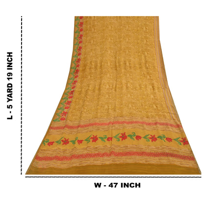 Sanskriti Vintage Sarees Green Zari Border Pure Silk Printed Sari 5+yd Fabric