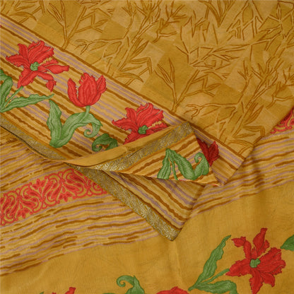 Sanskriti Vintage Sarees Green Zari Border Pure Silk Printed Sari 5+yd Fabric