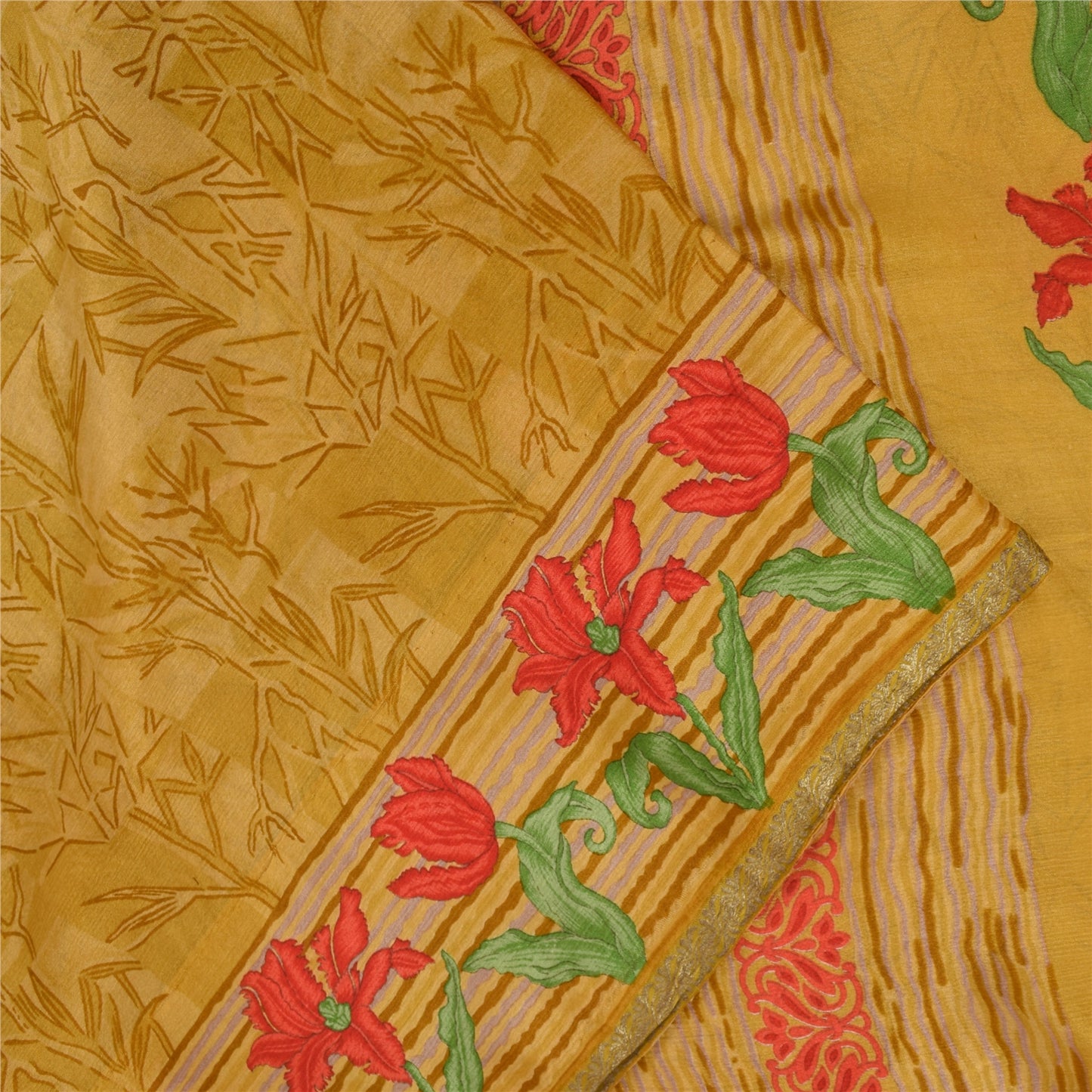 Sanskriti Vintage Sarees Green Zari Border Pure Silk Printed Sari 5+yd Fabric