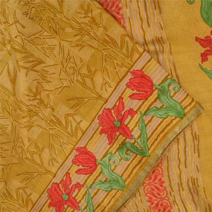 Sanskriti Vintage Sarees Green Zari Border Pure Silk Printed Sari 5+yd Fabric