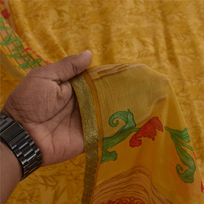 Sanskriti Vintage Sarees Green Zari Border Pure Silk Printed Sari 5+yd Fabric