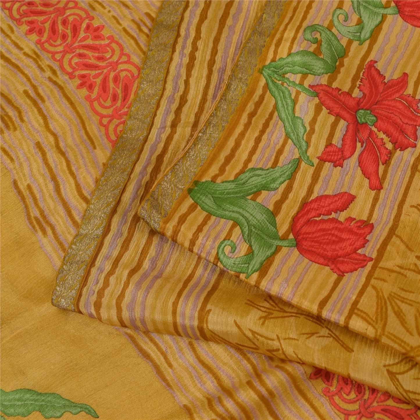 Sanskriti Vintage Sarees Green Zari Border Pure Silk Printed Sari 5+yd Fabric