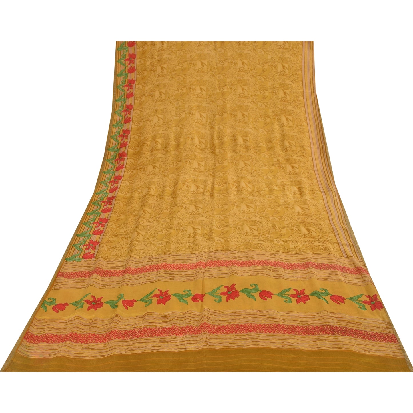 Sanskriti Vintage Sarees Green Zari Border Pure Silk Printed Sari 5+yd Fabric