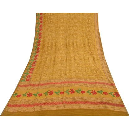 Sanskriti Vintage Sarees Green Zari Border Pure Silk Printed Sari 5+yd Fabric