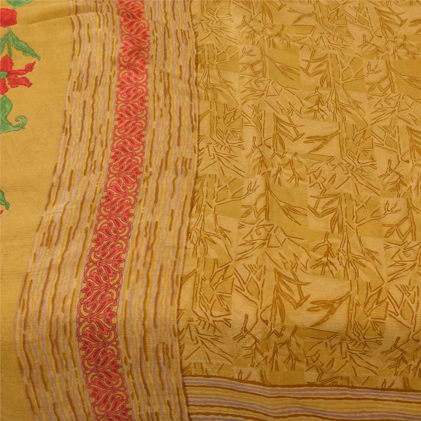 Sanskriti Vintage Sarees Green Zari Border Pure Silk Printed Sari 5+yd Fabric