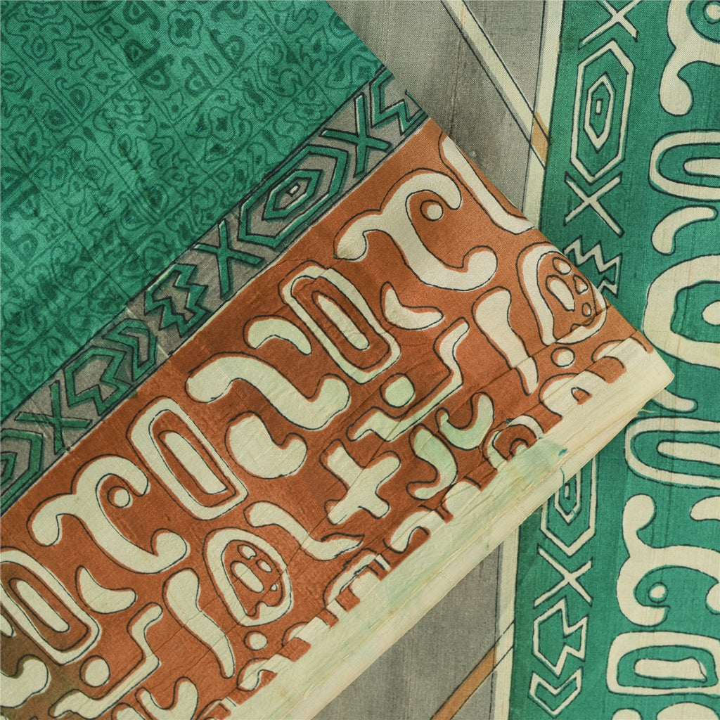 Sanskriti Vintage Sarees Green Indian Pure Silk Printed Sari 5+yd Craft Fabric