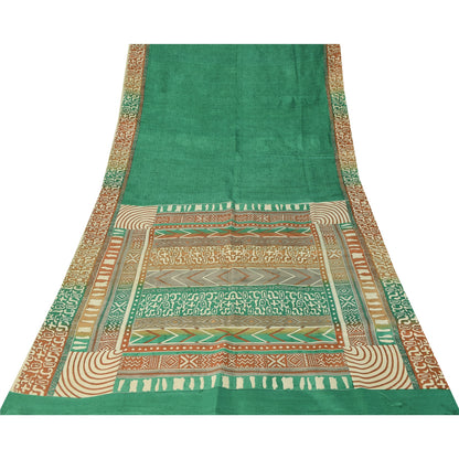 Sanskriti Vintage Sarees Green Indian Pure Silk Printed Sari 5+yd Craft Fabric