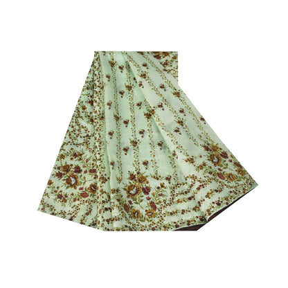 Sanskriti Vintage Sarees Pastel-Green Pure Silk Printed Sari 6yd Craft Fabric