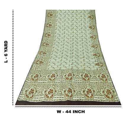 Sanskriti Vintage Sarees Pastel-Green Pure Silk Printed Sari 6yd Craft Fabric