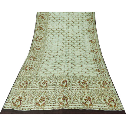 Sanskriti Vintage Sarees Pastel-Green Pure Silk Printed Sari 6yd Craft Fabric