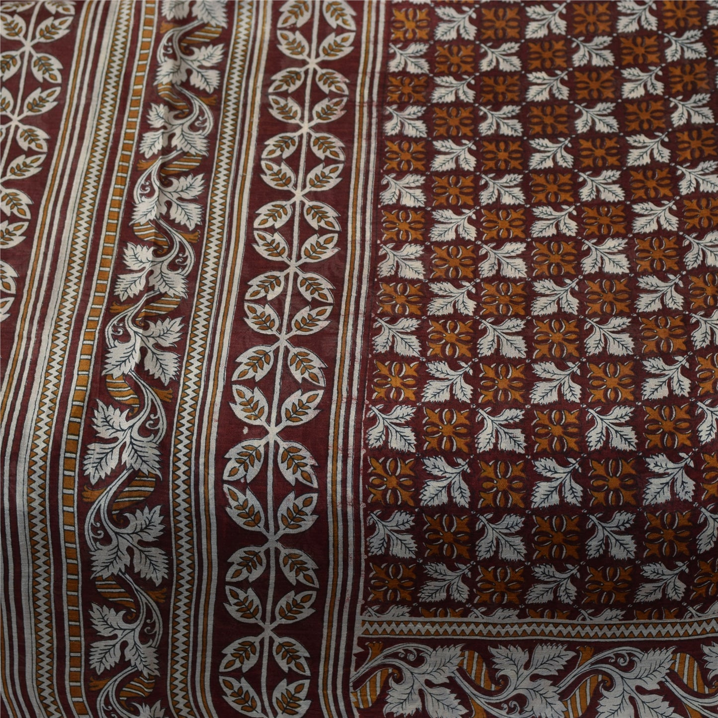 Sanskriti Vintage Sarees Brown Indian Pure Silk Printed Sari 6+yd Craft Fabric